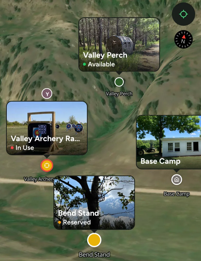 Satellite 3D terrain in the HuntClub app: Valley Perch ground blind is Available, Valley Archery Range is In Use, Bend Stand box stand is Reserved, plus Base Camp
