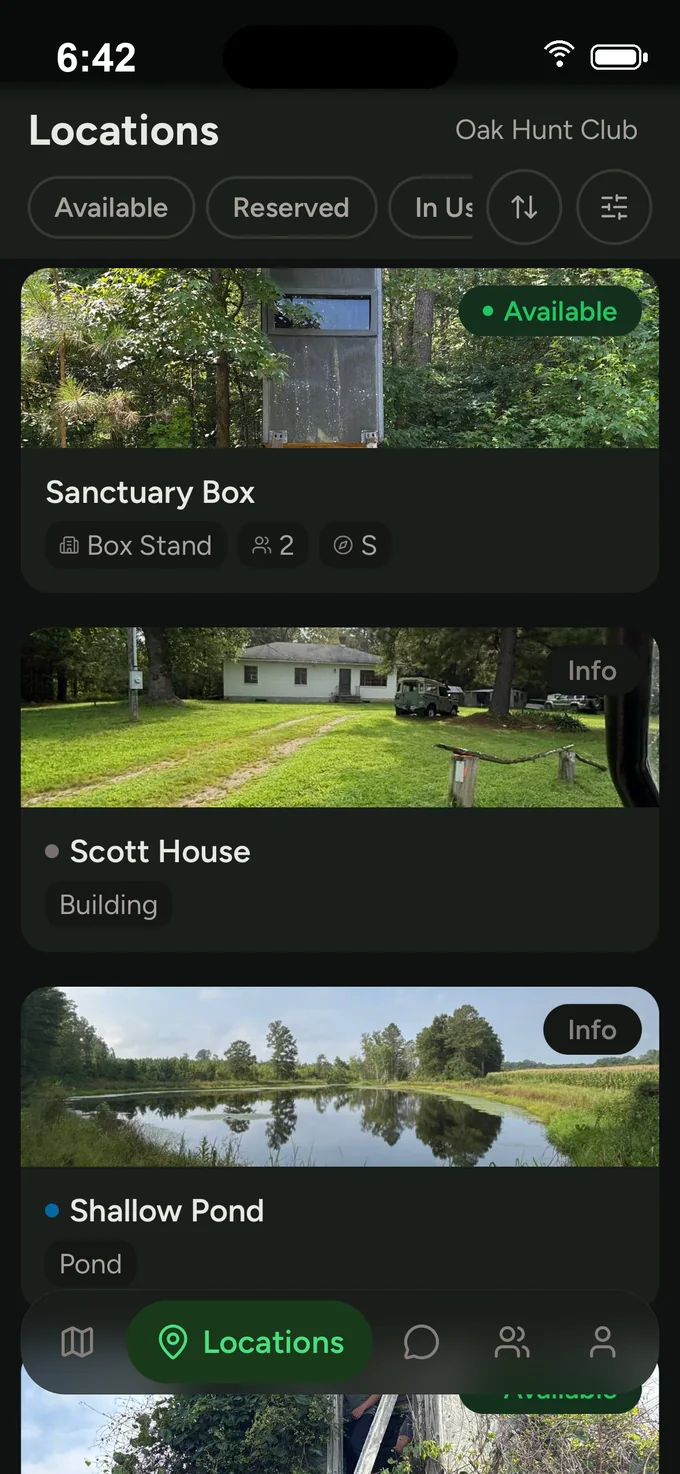 Locations list with photos: Sanctuary Box stand Available, Scott House building and Shallow Pond, with Available, Reserved and In Use filters