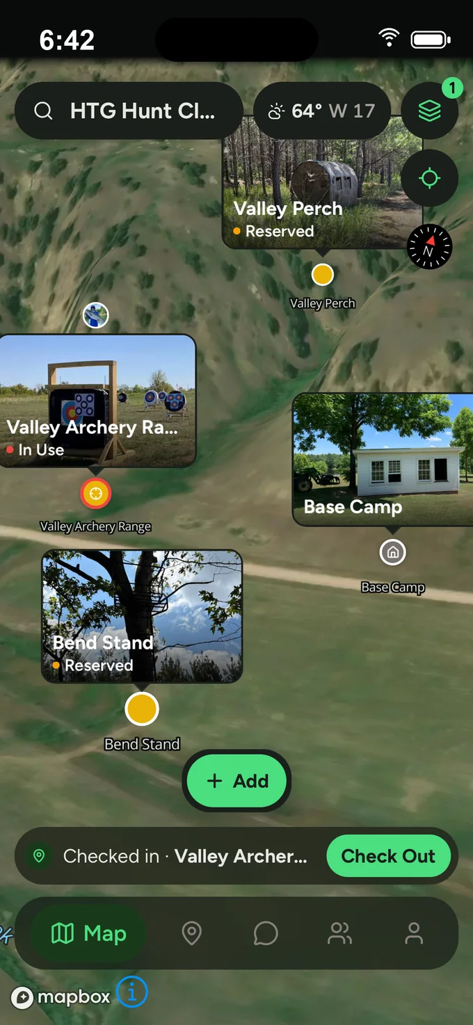 HuntClub map in 3D terrain with Valley Perch, Valley Archery Range, Base Camp and Bend Stand, plus weather and wind
